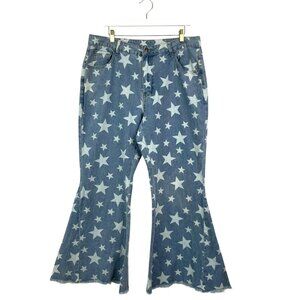 SHEIN Jeans Womens Plus Size Star Print Super Flare Blue White Denim